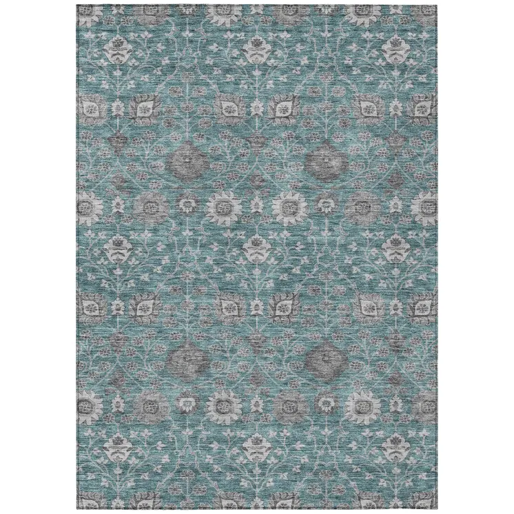 10' X 14' Teal Blue Gray And Charcoal Floral Washable Indoor Outdoor Area Rug