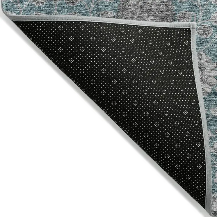 10' X 14' Teal Blue Gray And Charcoal Floral Washable Indoor Outdoor Area Rug