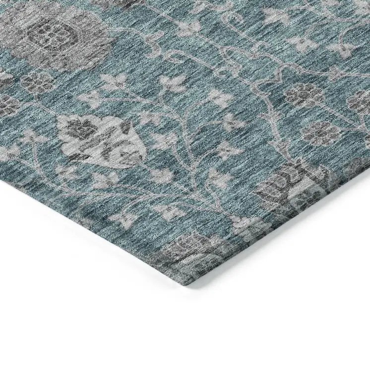 10' X 14' Teal Blue Gray And Charcoal Floral Washable Indoor Outdoor Area Rug