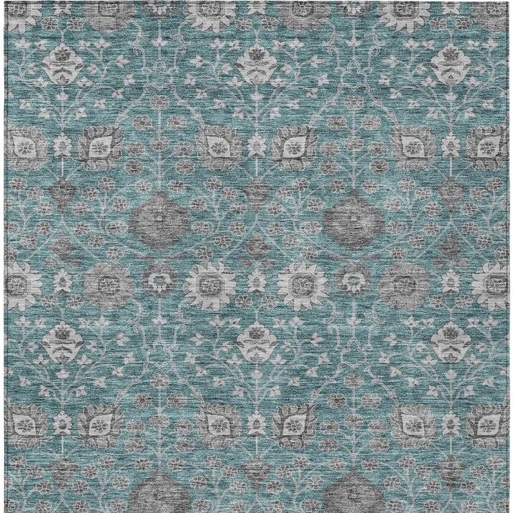 10' X 14' Teal Blue Gray And Charcoal Floral Washable Indoor Outdoor Area Rug