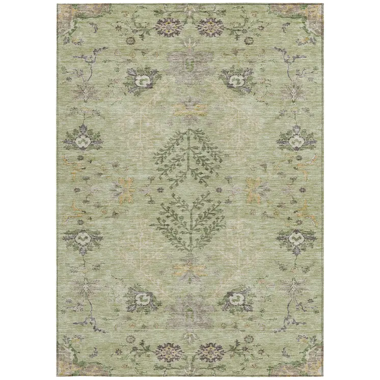 3' X 5' Artichoke Green Brown And Beige Floral Washable Indoor Outdoor Area Rug