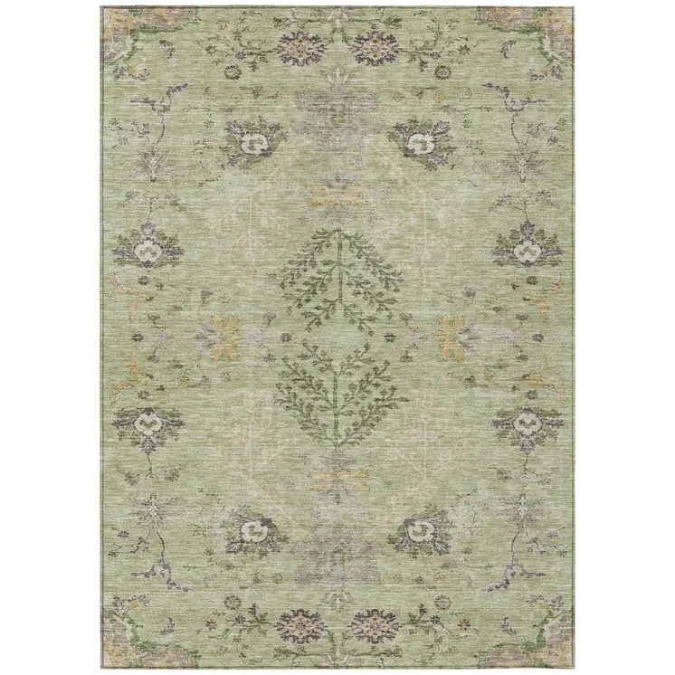 5' X 8' Artichoke Green Brown And Beige Floral Washable Indoor Outdoor Area Rug