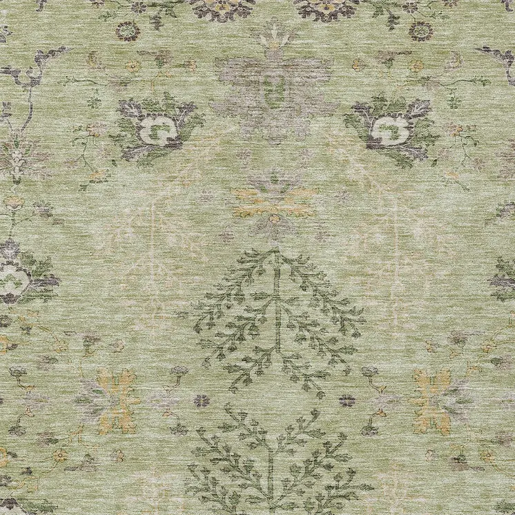 5' X 8' Artichoke Green Brown And Beige Floral Washable Indoor Outdoor Area Rug