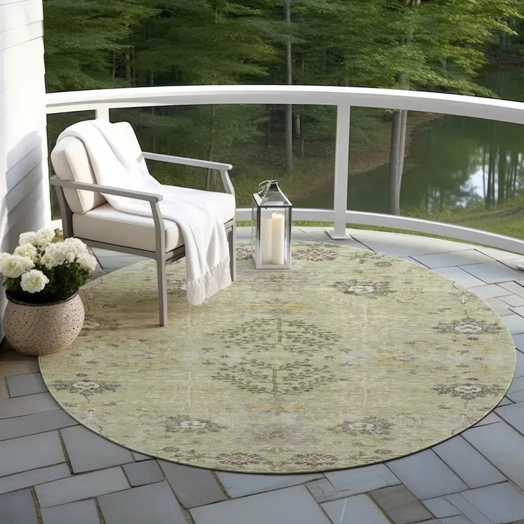 8' Artichoke Green Brown And Beige Round Floral Washable Indoor Outdoor Area Rug
