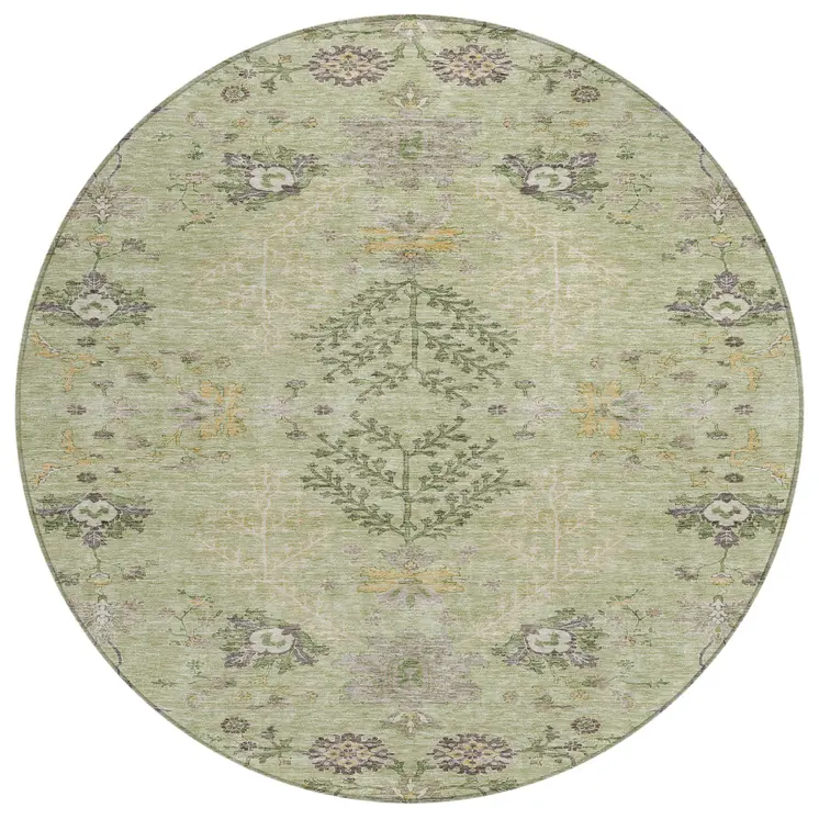 8' Artichoke Green Brown And Beige Round Floral Washable Indoor Outdoor Area Rug