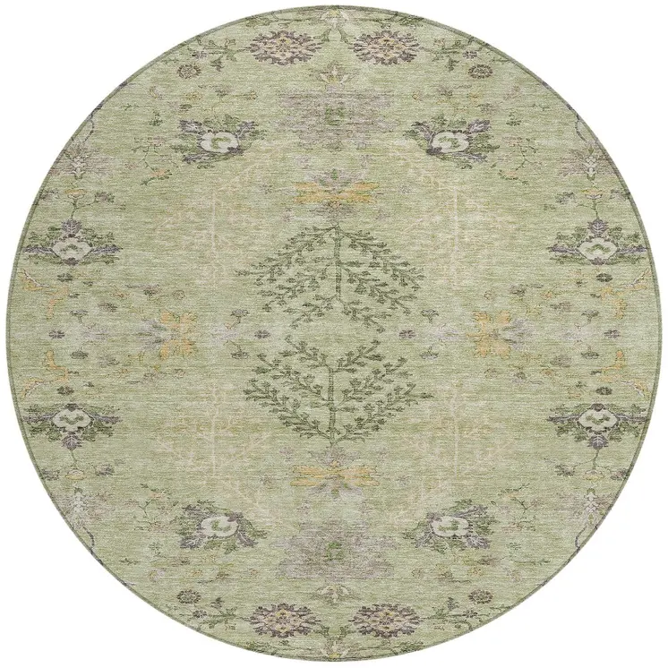 8' Artichoke Green Brown And Beige Round Floral Washable Indoor Outdoor Area Rug