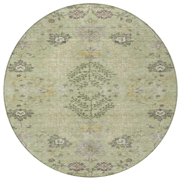 8' Artichoke Green Brown And Beige Round Floral Washable Indoor Outdoor Area Rug