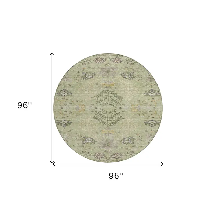 8' Artichoke Green Brown And Beige Round Floral Washable Indoor Outdoor Area Rug