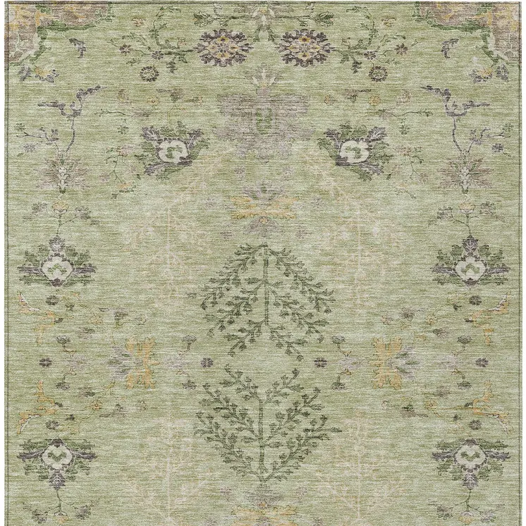 8' X 10' Artichoke Green Brown And Beige Floral Washable Indoor Outdoor Area Rug