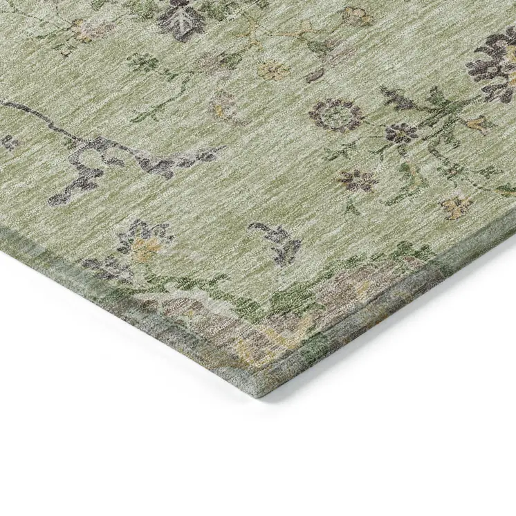 8' X 10' Artichoke Green Brown And Beige Floral Washable Indoor Outdoor Area Rug