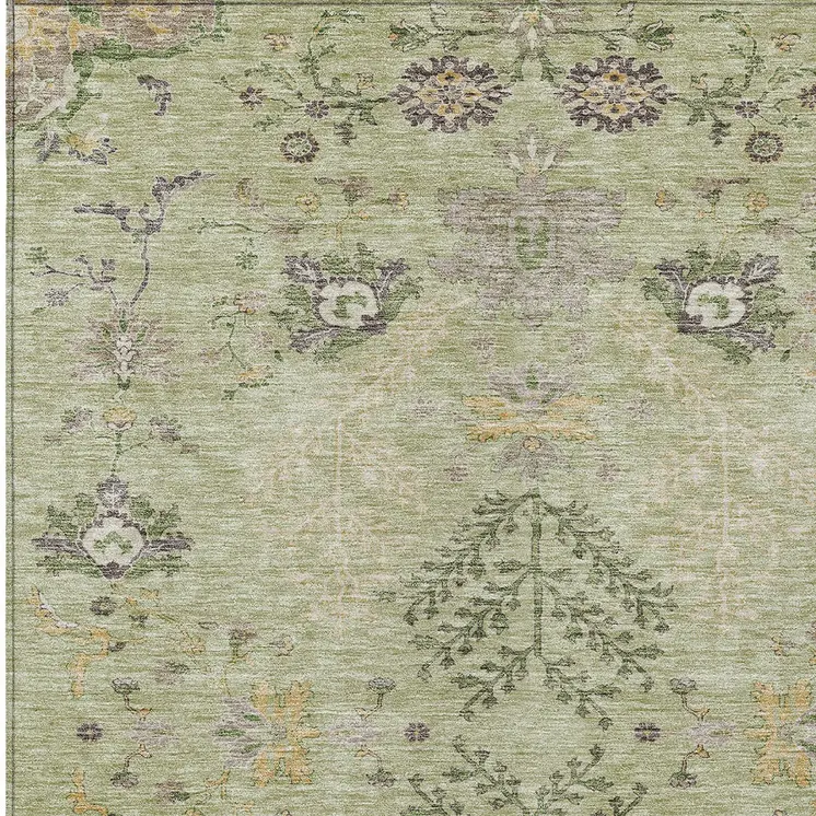 8' X 10' Artichoke Green Brown And Beige Floral Washable Indoor Outdoor Area Rug