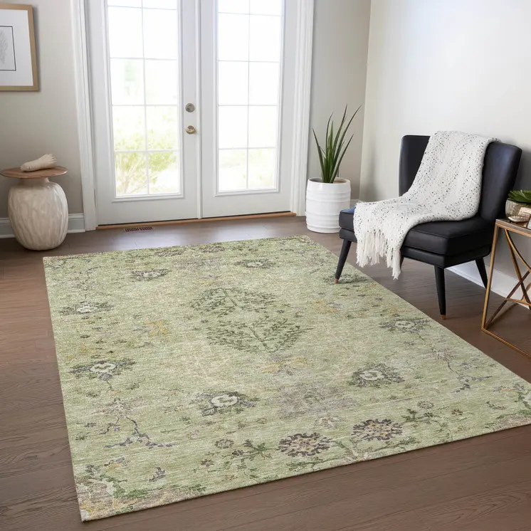 8' X 10' Artichoke Green Brown And Beige Floral Washable Indoor Outdoor Area Rug
