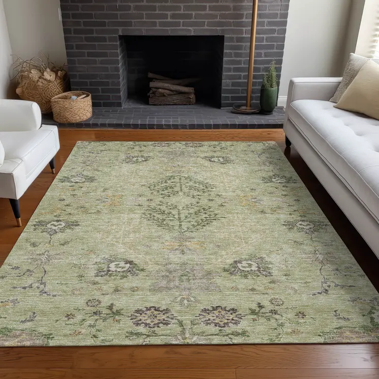 8' X 10' Artichoke Green Brown And Beige Floral Washable Indoor Outdoor Area Rug