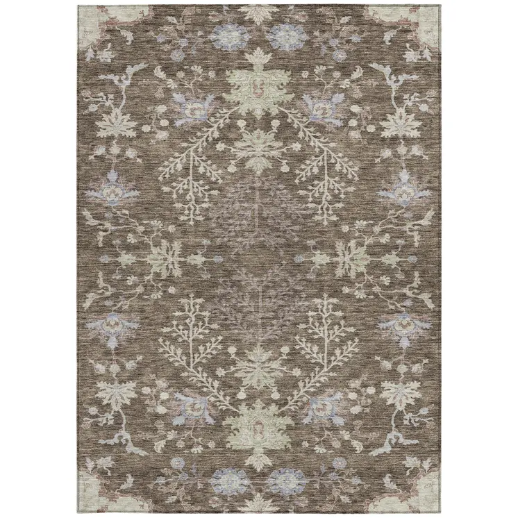 5' X 8' Brown Beige And Green Floral Washable Indoor Outdoor Area Rug