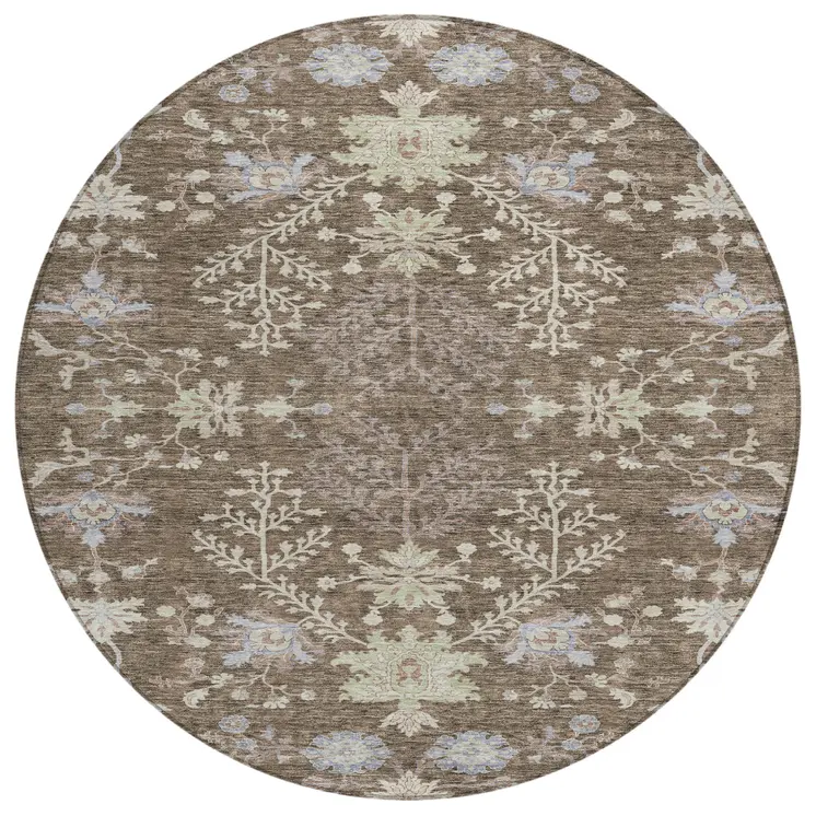 8' Brown Beige And Green Round Floral Washable Indoor Outdoor Area Rug