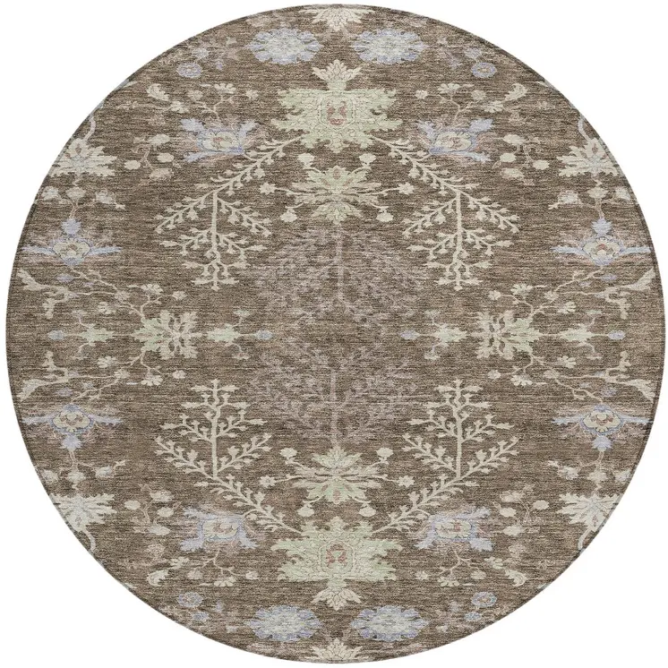 8' Brown Beige And Green Round Floral Washable Indoor Outdoor Area Rug