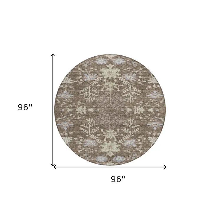 8' Brown Beige And Green Round Floral Washable Indoor Outdoor Area Rug