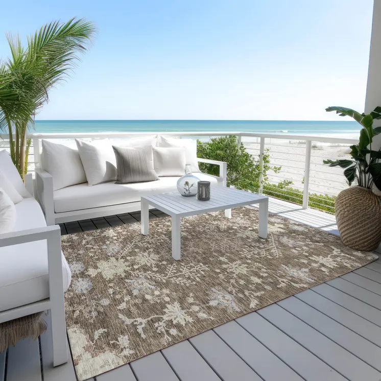 8' X 10' Brown Beige And Green Floral Washable Indoor Outdoor Area Rug