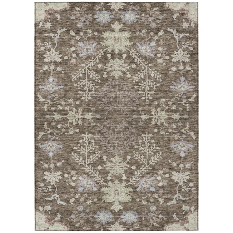 8' X 10' Brown Beige And Green Floral Washable Indoor Outdoor Area Rug