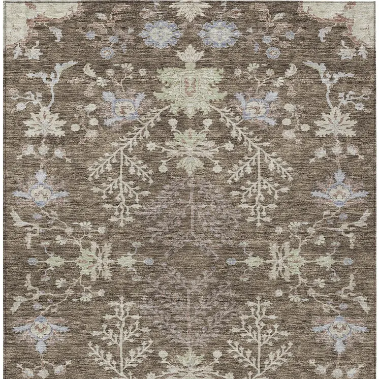 8' X 10' Brown Beige And Green Floral Washable Indoor Outdoor Area Rug