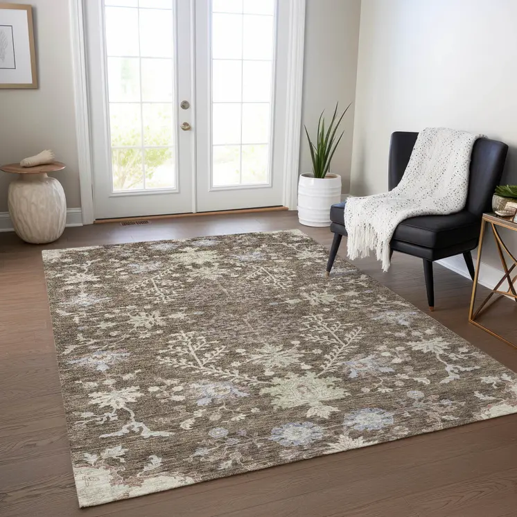 8' X 10' Brown Beige And Green Floral Washable Indoor Outdoor Area Rug