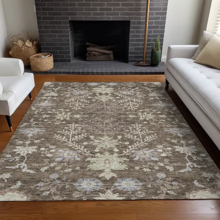 8' X 10' Brown Beige And Green Floral Washable Indoor Outdoor Area Rug
