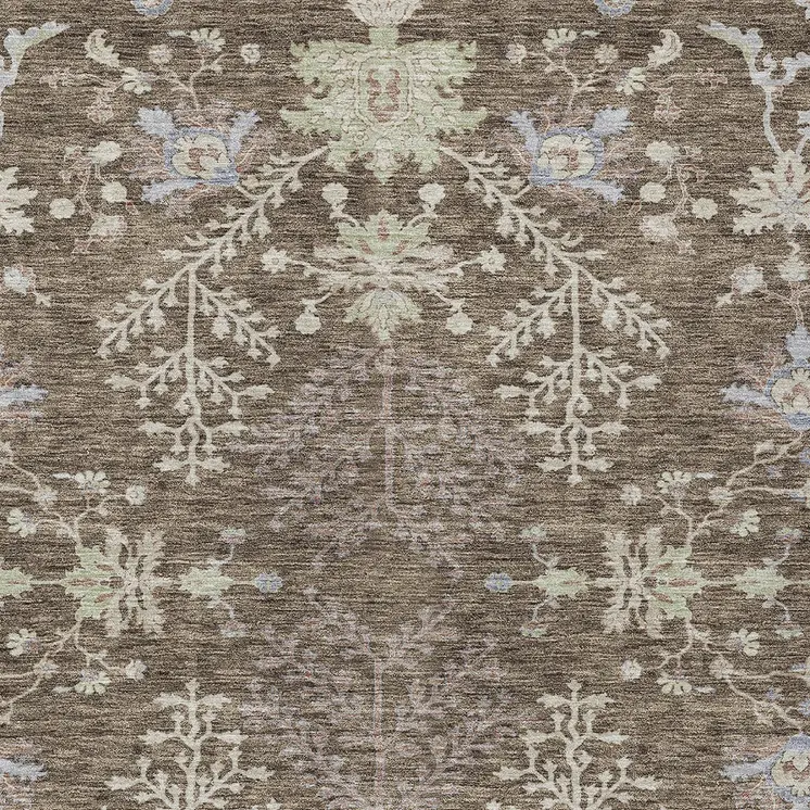 9' X 12' Brown Beige And Green Floral Washable Indoor Outdoor Area Rug