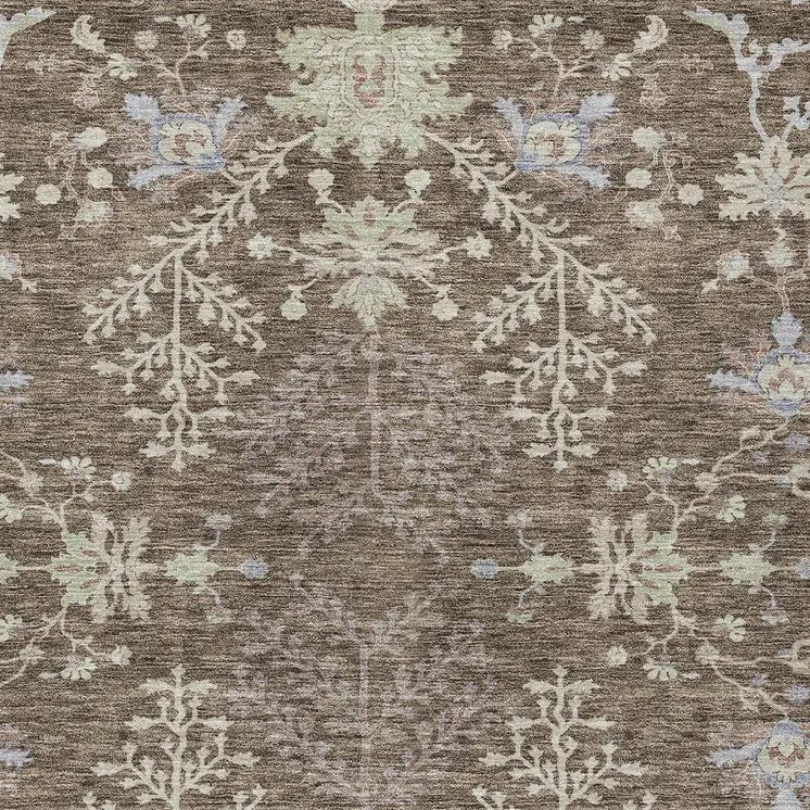 10' X 14' Brown Beige And Green Floral Washable Indoor Outdoor Area Rug