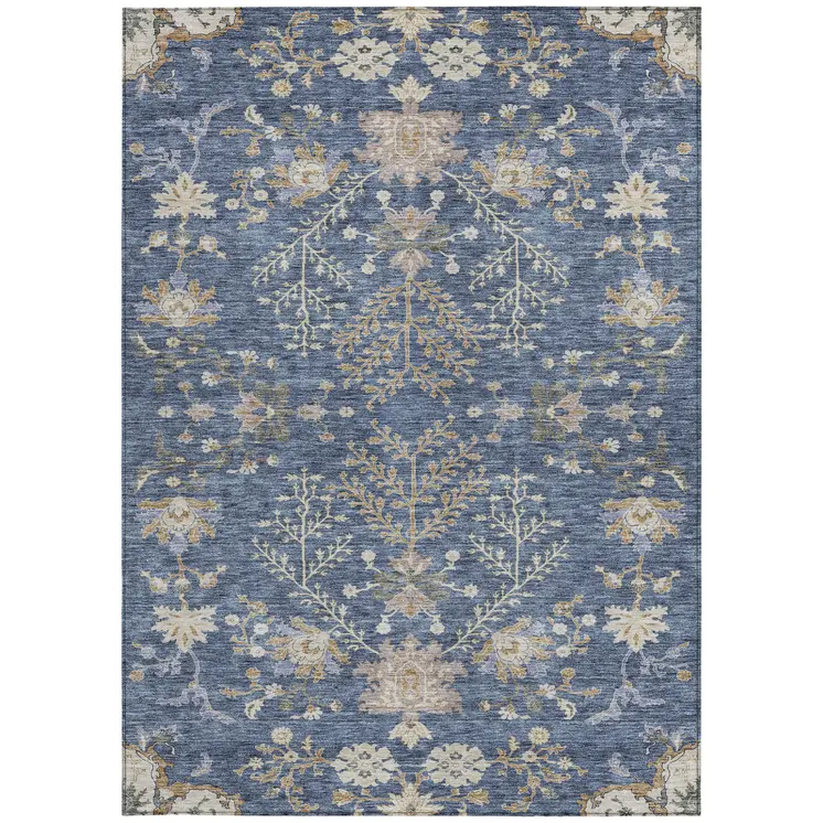 3' X 5' Blue Brown And Beige Floral Washable Indoor Outdoor Area Rug