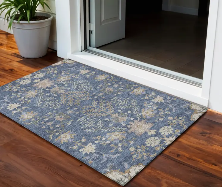 3' X 5' Blue Brown And Beige Floral Washable Indoor Outdoor Area Rug