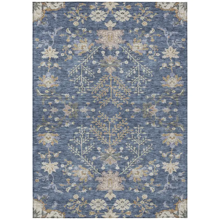 3' X 5' Blue Brown And Beige Floral Washable Indoor Outdoor Area Rug