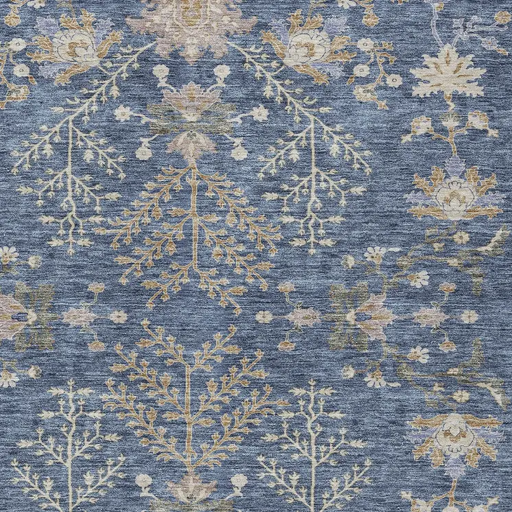 3' X 5' Blue Brown And Beige Floral Washable Indoor Outdoor Area Rug