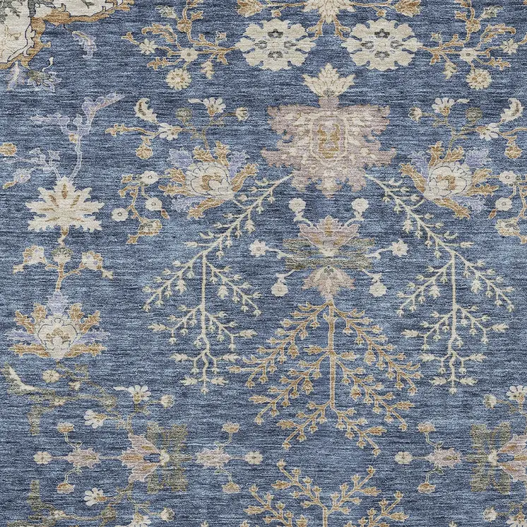 5' X 8' Blue Brown And Beige Floral Washable Indoor Outdoor Area Rug