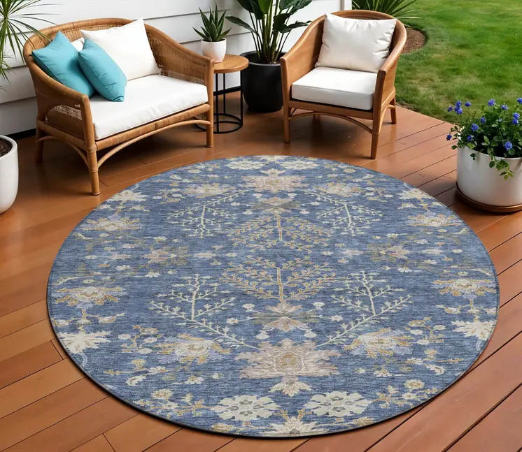 8' Blue Brown And Beige Round Floral Washable Indoor Outdoor Area Rug