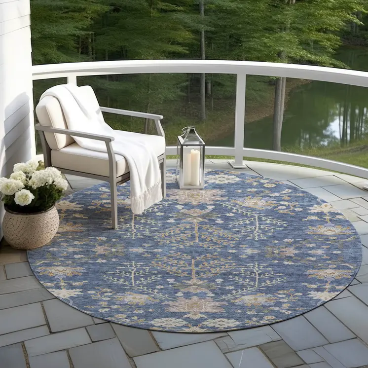 8' Blue Brown And Beige Round Floral Washable Indoor Outdoor Area Rug