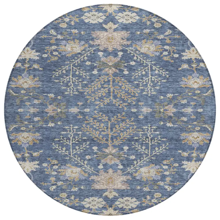 8' Blue Brown And Beige Round Floral Washable Indoor Outdoor Area Rug