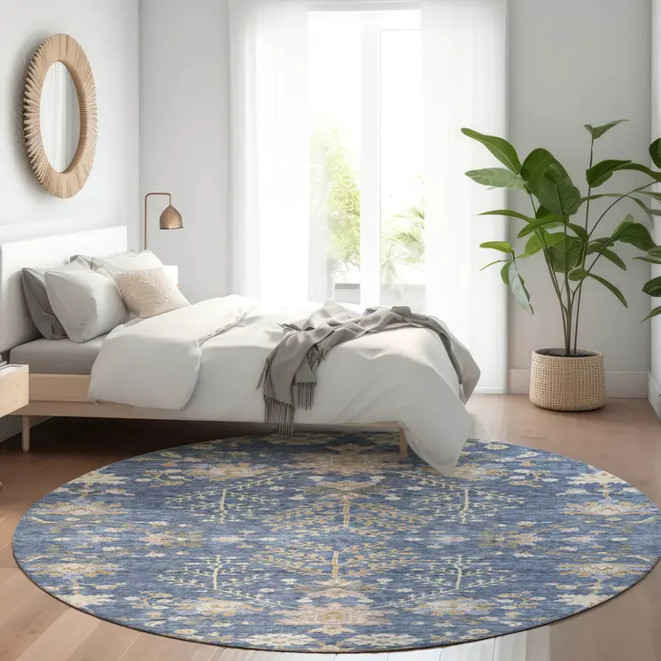 8' Blue Brown And Beige Round Floral Washable Indoor Outdoor Area Rug