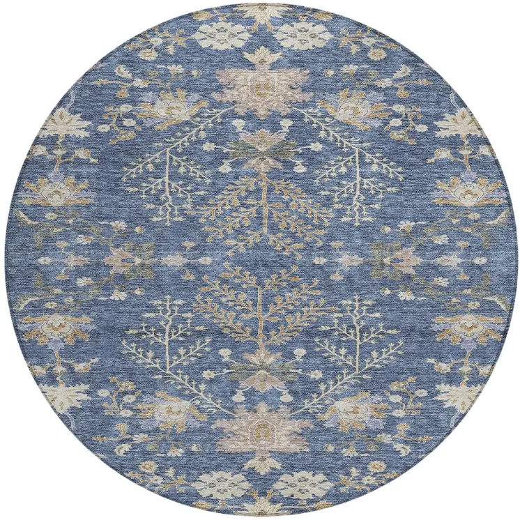 8' Blue Brown And Beige Round Floral Washable Indoor Outdoor Area Rug