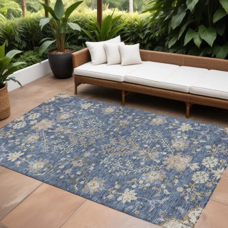8' X 10' Blue Brown And Beige Floral Washable Indoor Outdoor Area Rug