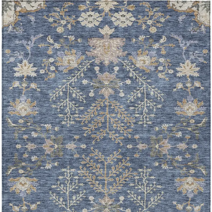 9' X 12' Blue Brown And Beige Floral Washable Indoor Outdoor Area Rug