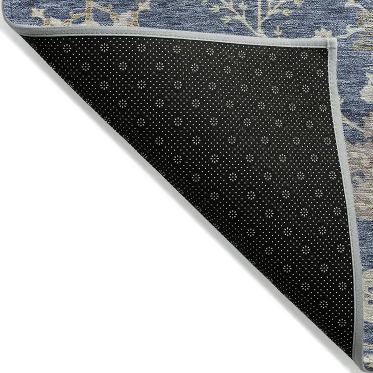 9' X 12' Blue Brown And Beige Floral Washable Indoor Outdoor Area Rug