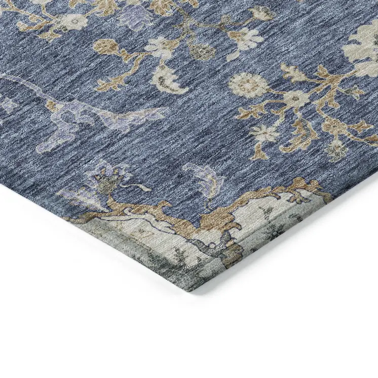 9' X 12' Blue Brown And Beige Floral Washable Indoor Outdoor Area Rug