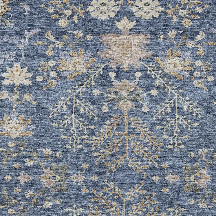 9' X 12' Blue Brown And Beige Floral Washable Indoor Outdoor Area Rug