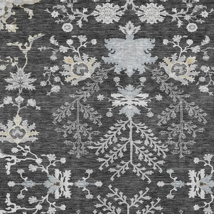 3' X 5' Charcoal Gray And Beige Floral Washable Indoor Outdoor Area Rug