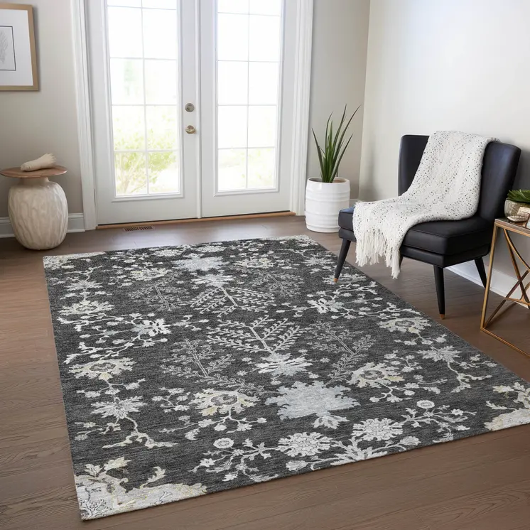 3' X 5' Charcoal Gray And Beige Floral Washable Indoor Outdoor Area Rug
