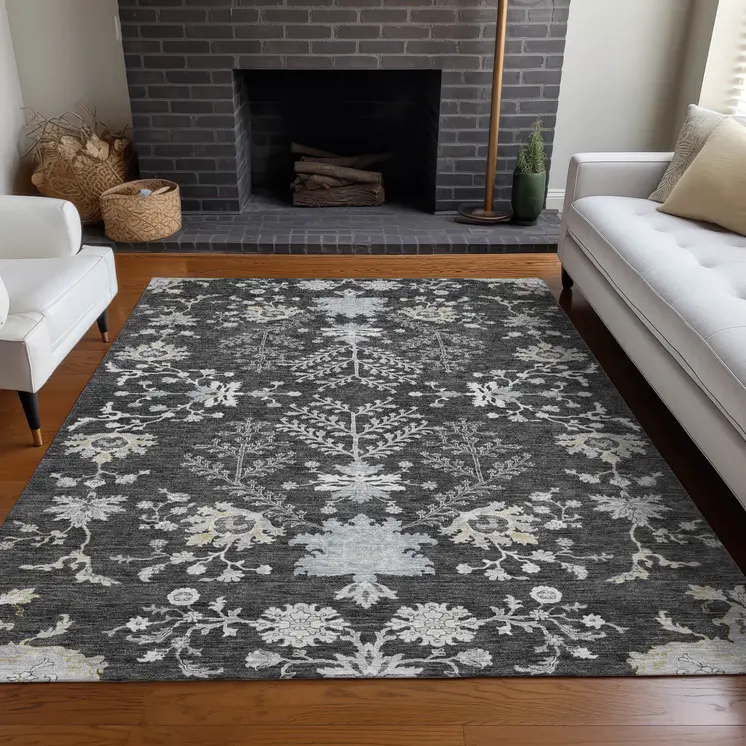 3' X 5' Charcoal Gray And Beige Floral Washable Indoor Outdoor Area Rug