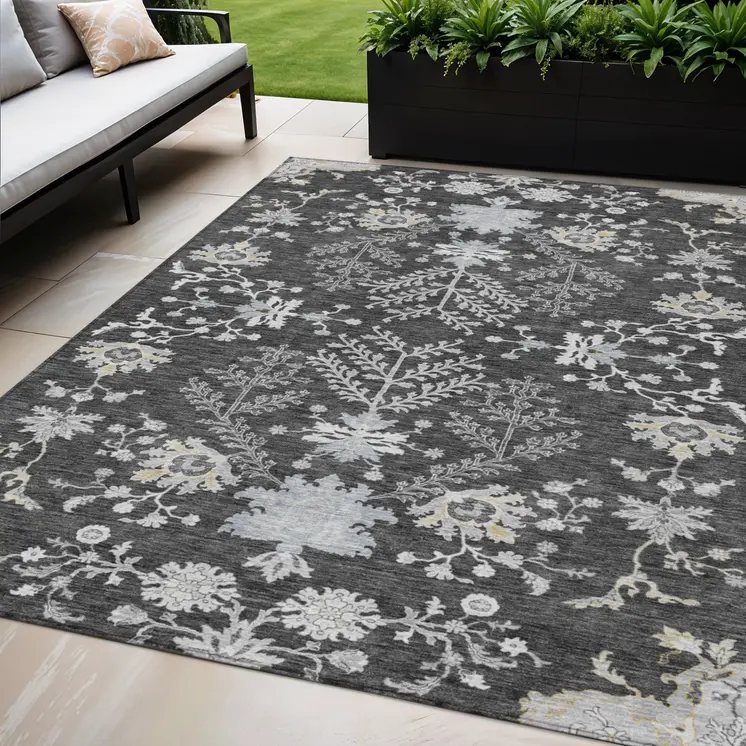 5' X 8' Charcoal Gray And Beige Floral Washable Indoor Outdoor Area Rug