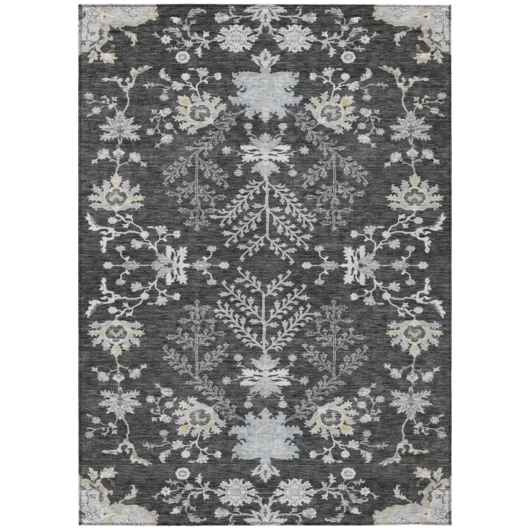 5' X 8' Charcoal Gray And Beige Floral Washable Indoor Outdoor Area Rug