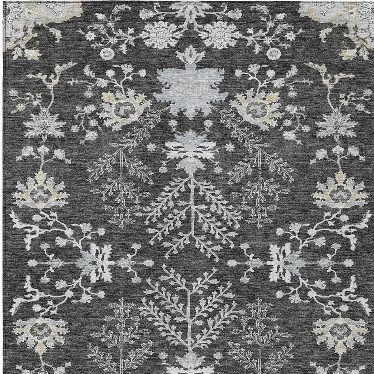 5' X 8' Charcoal Gray And Beige Floral Washable Indoor Outdoor Area Rug