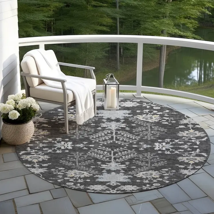 8' Charcoal Gray And Beige Round Floral Washable Indoor Outdoor Area Rug